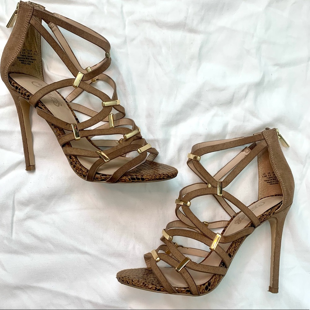 Carlos Santana Size 5 Brown Suede Strappy Heels with Gold Hardware